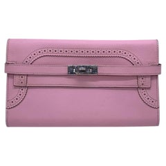 Hermes Kelly Ghillies Long Wallet Pink Swift Leather Silver Clasp Stamp X 2016