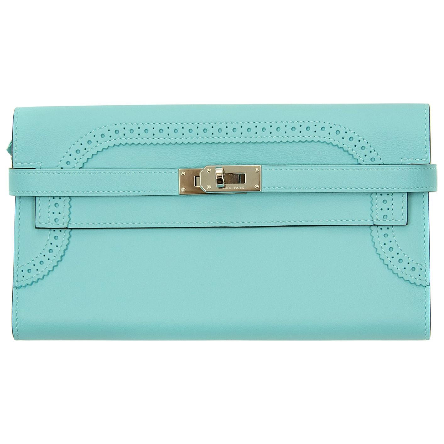 Hermes Kelly Ghillies Wallet Veau Swift Blue Atoll PHW For Sale