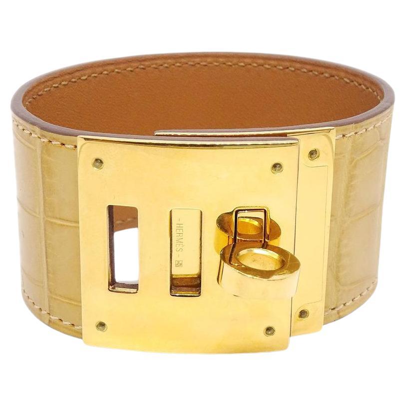 HERMES Kelly God Ivory Cream Alligator Crocodile Exotic Leather Bracelet Cuff