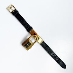 Hermes Kelly Gold Cadena Lock Watch with Black Chèvre Mysore Leather Strap 1990s