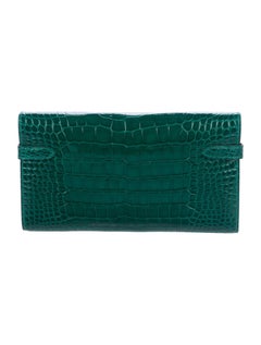 Hermes Kelly Green Alligator Exotic Gold Evening Kelly Clutch Wallet Bag in Box