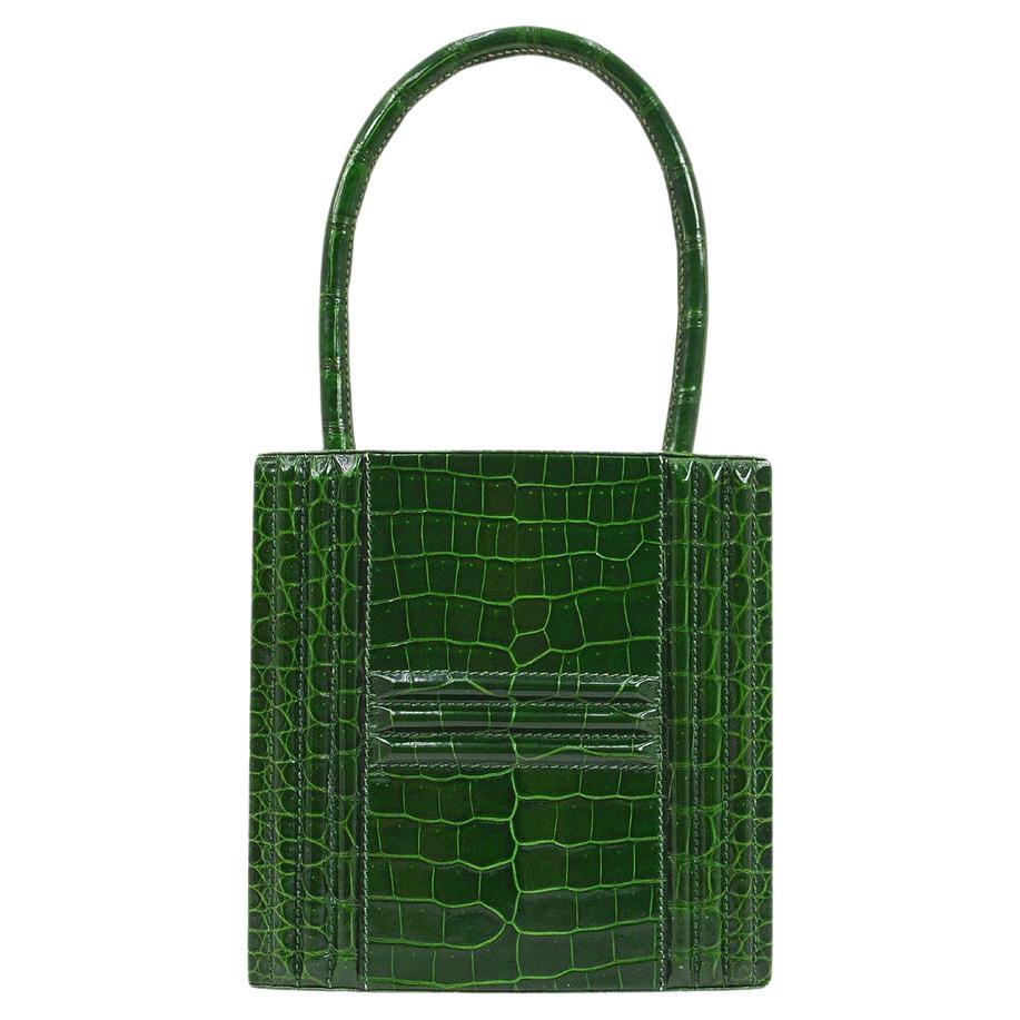 HERMES Kelly Green Cadena Porosus Crocodile Exotic Leather Top Handle Bag