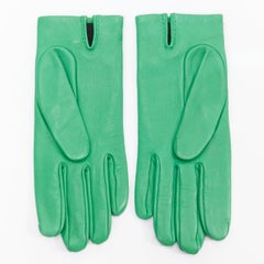 HERMES kelly green leather silver Medor stud ring silk lined gloves Sz6.5