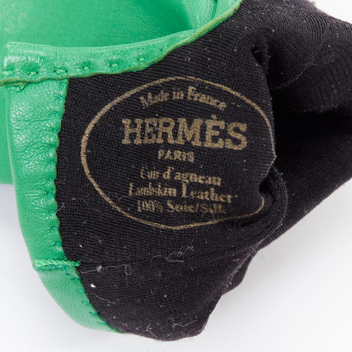 Women's HERMES kelly green leather silver Medor stud ring silk lined gloves Sz6.5 For Sale