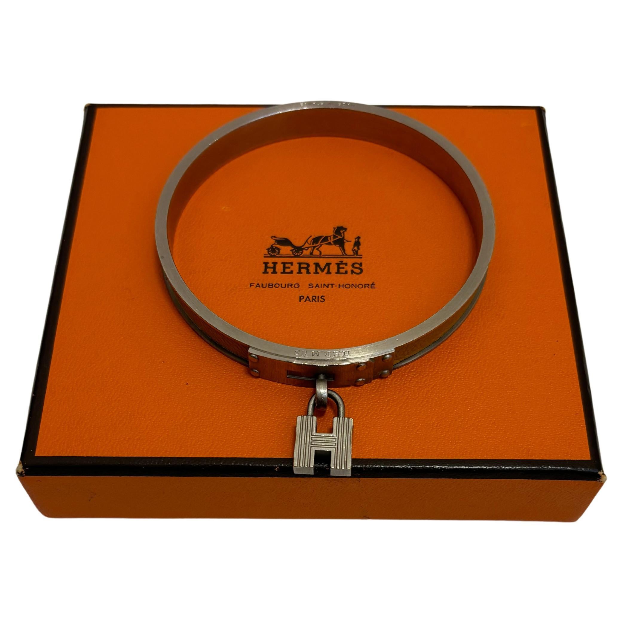 Hermes Kelly H Lock Bangle in Palladium and Orange Lizard Leather w/Box