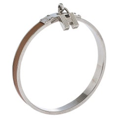 Hermes Kelly H Lock Cadena Charm Brown Leather Palladium Plated Bangle Bracelet