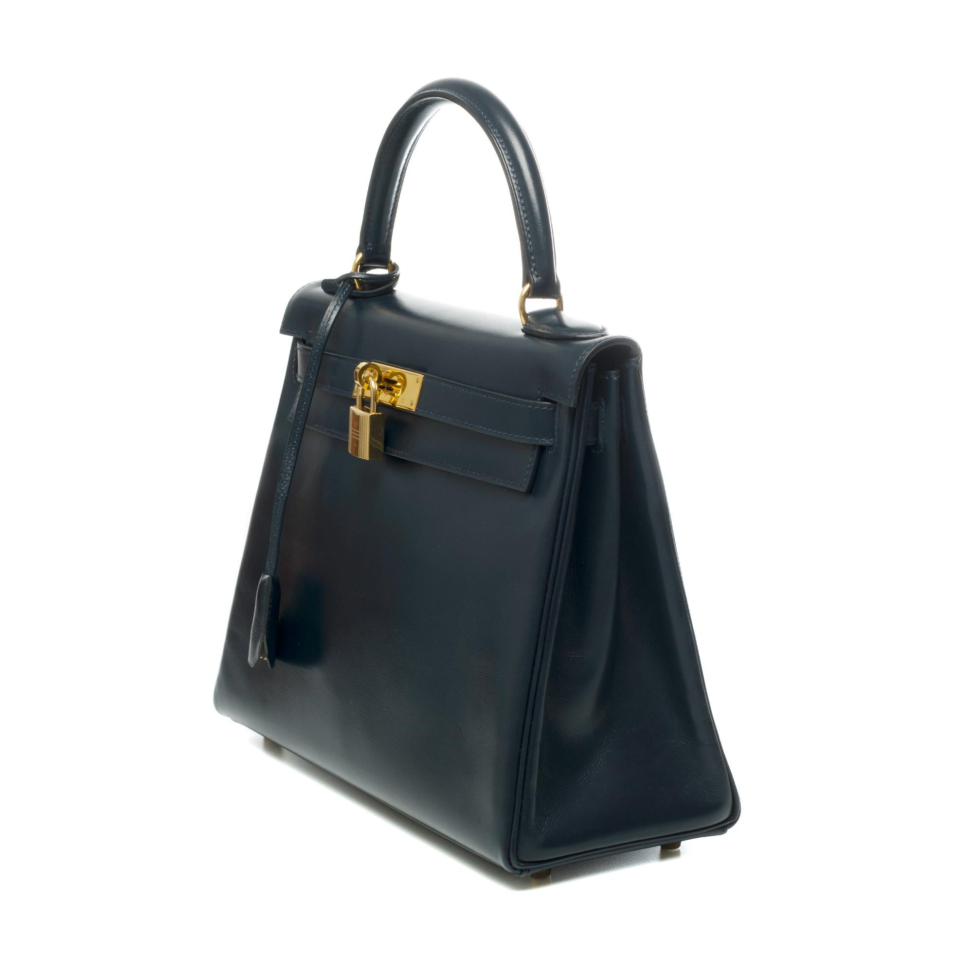 Black Hermes Kelly Handbag 28 cm strap in Navy blue box calf shoulder bag and GHW