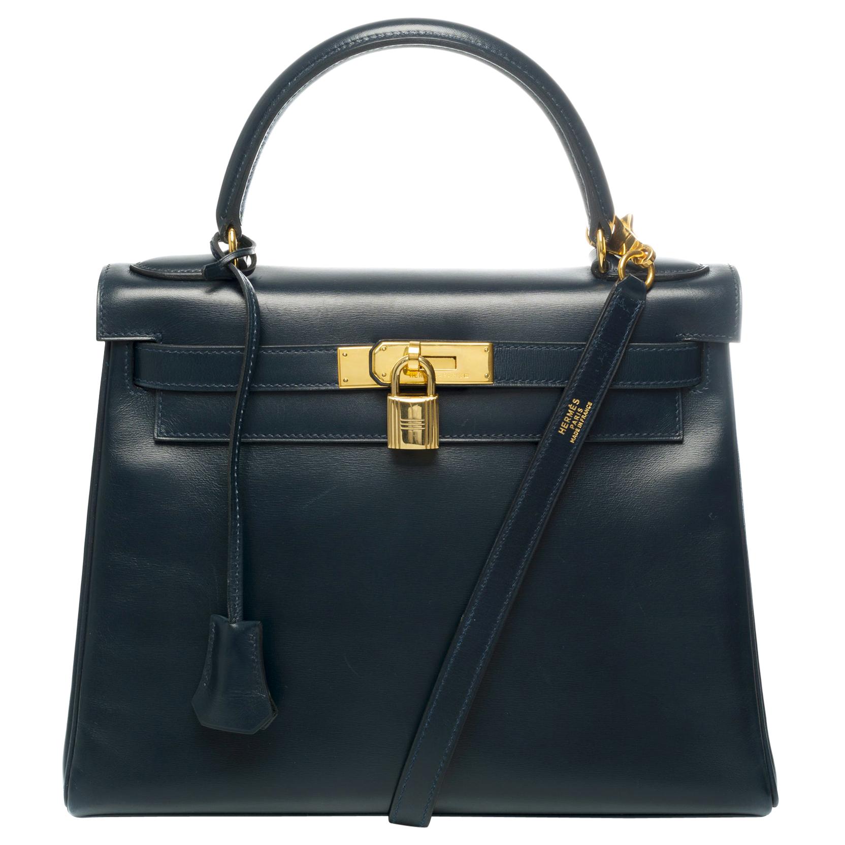 Hermes Kelly Handbag 28 cm strap in Navy blue box calf shoulder bag and GHW