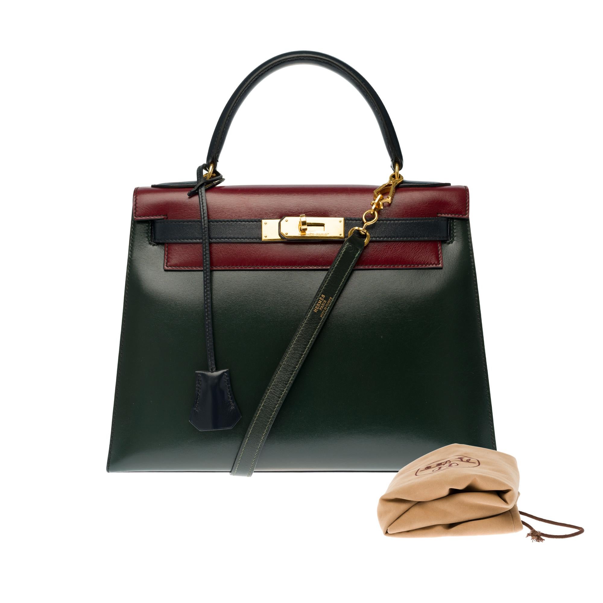 Hermes Kelly Handtasche 28 cm Tricolor in Box Kalb Umhängetasche mit Gold Hardware 6