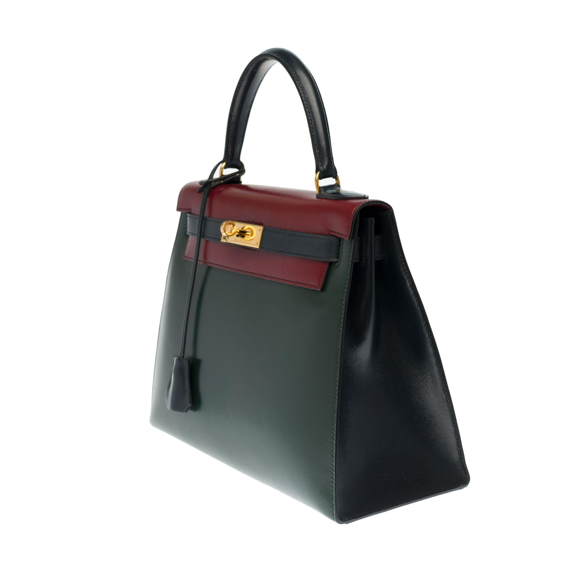 Hermes Kelly Handtasche 28 cm Tricolor in Box Kalb Umhängetasche mit Gold Hardware (Schwarz)
