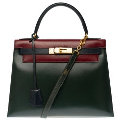 Hermes Kelly Handtasche 28 cm Tricolor in Box Kalb Umhängetasche mit Gold Hardware