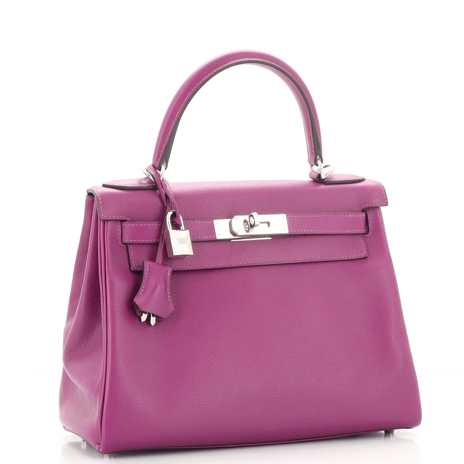 Hermes Kelly Handbag Anemone Evercolor with Palladium Hardware 28 In Good Condition In NY, NY