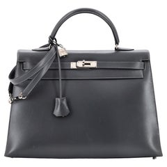 Hermes Kelly Handbag Ardoise Box Calf with Palladium Hardware 35