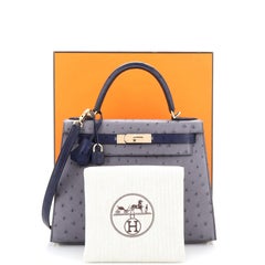 Sac Kelly Hermes en autruche bicolore avec quincaillerie en permabras 28