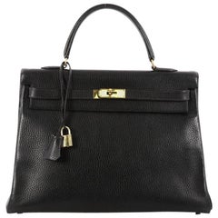 Hermes Kelly Handbag Black Ardennes with Gold Hardware 35