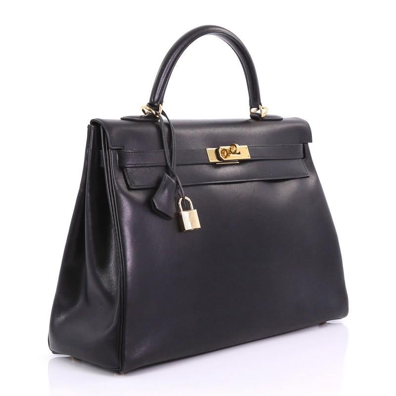 Hermes Kelly Handbag Black Box Calf with Gold Hardware 35 In Good Condition In NY, NY