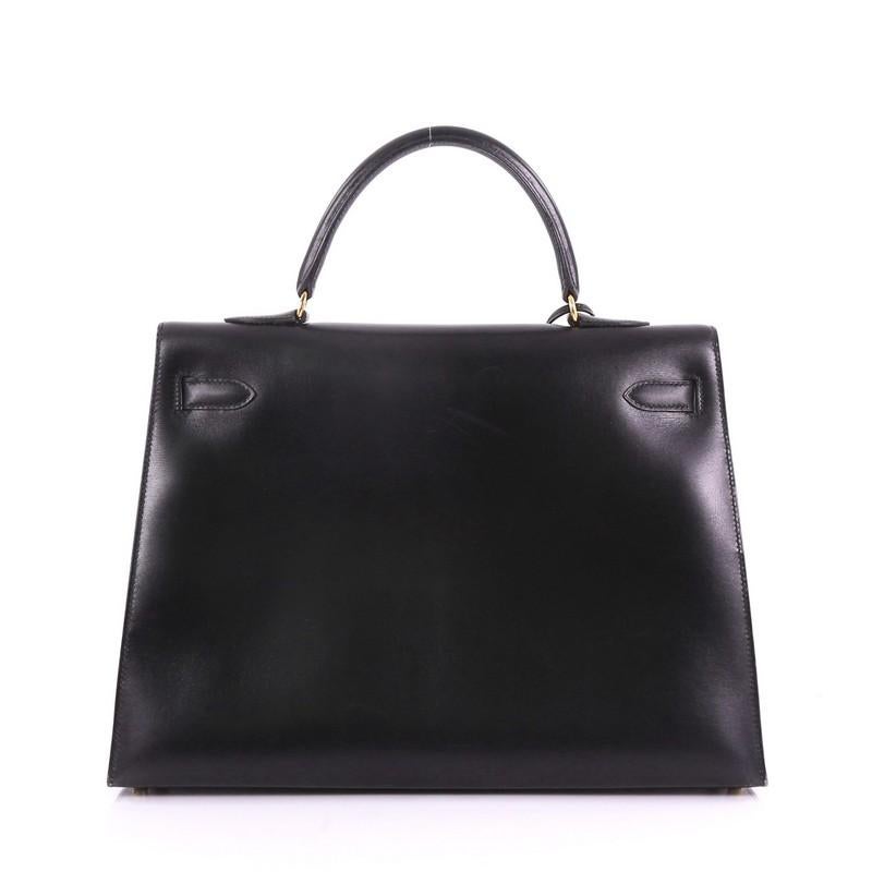 Women's Hermes Kelly Handbag Black Box Calf with Gold Hardware 35