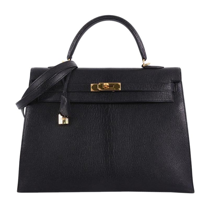 Hermes Kelly Handbag Black Chevre de Coromandel with Gold Hardware 35