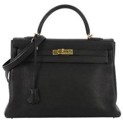 Hermes Kelly Handbag Black Clemence with Gold Hardware 35