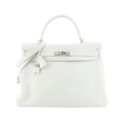 Hermes Kelly Handbag Blanc Clemence with Palladium Hardware 35