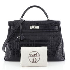 Hermes Kelly Handbag Bleu Abysse Matte Alligator with Palladium Hardware 40