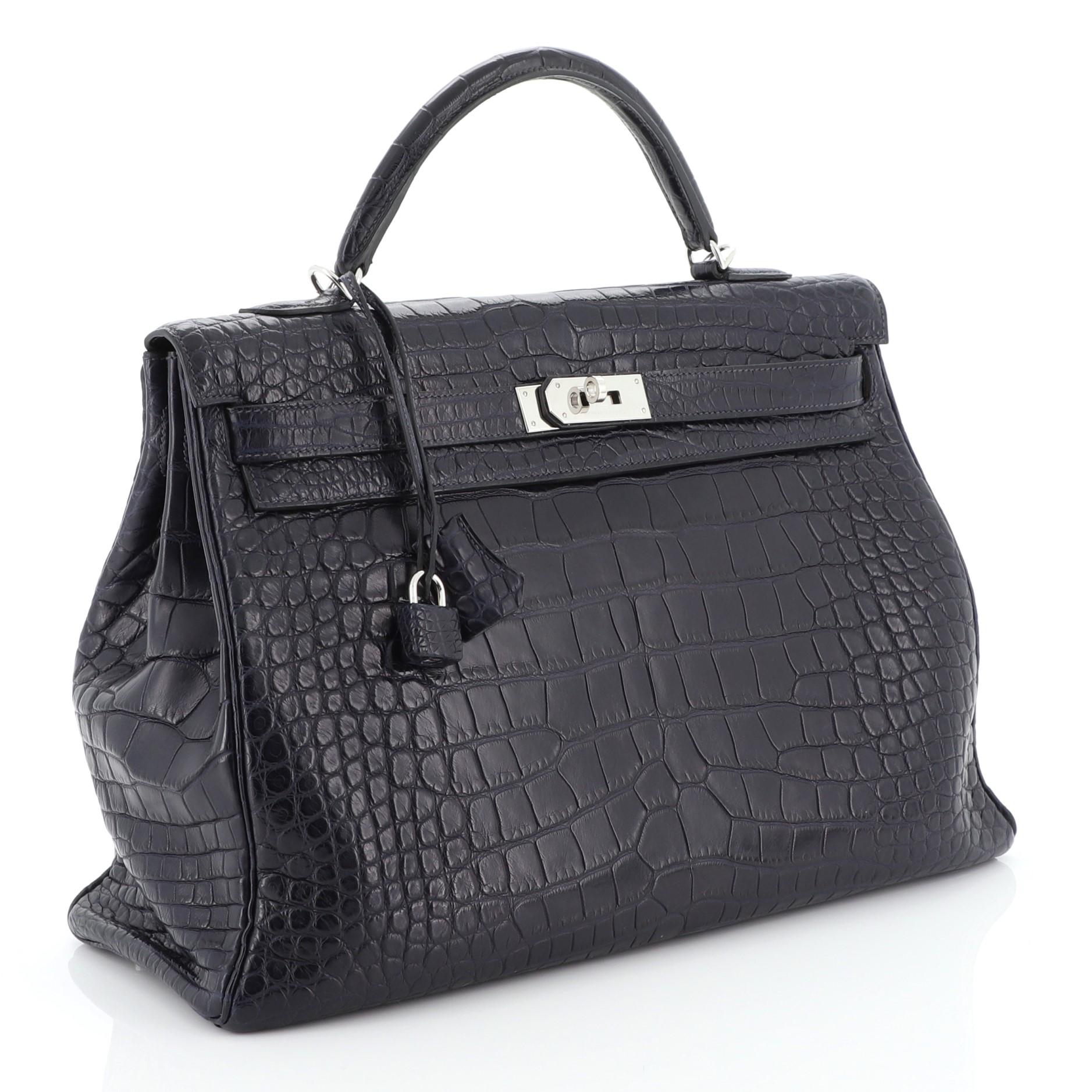 Black Hermes Kelly Handbag Bleu Abysse Matte Alligator with Palladium Hardware 40