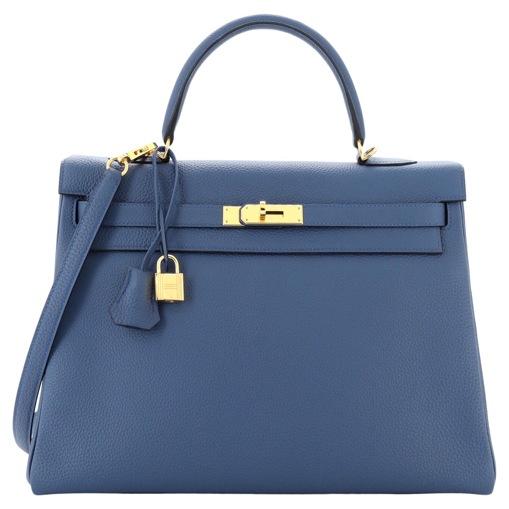 Hermes Kelly Handbag Bleu Agate Togo with Gold Hardware 35