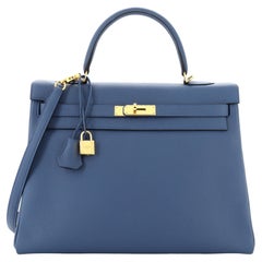 Hermes Kelly Handbag Bleu Agate Togo with Gold Hardware 35