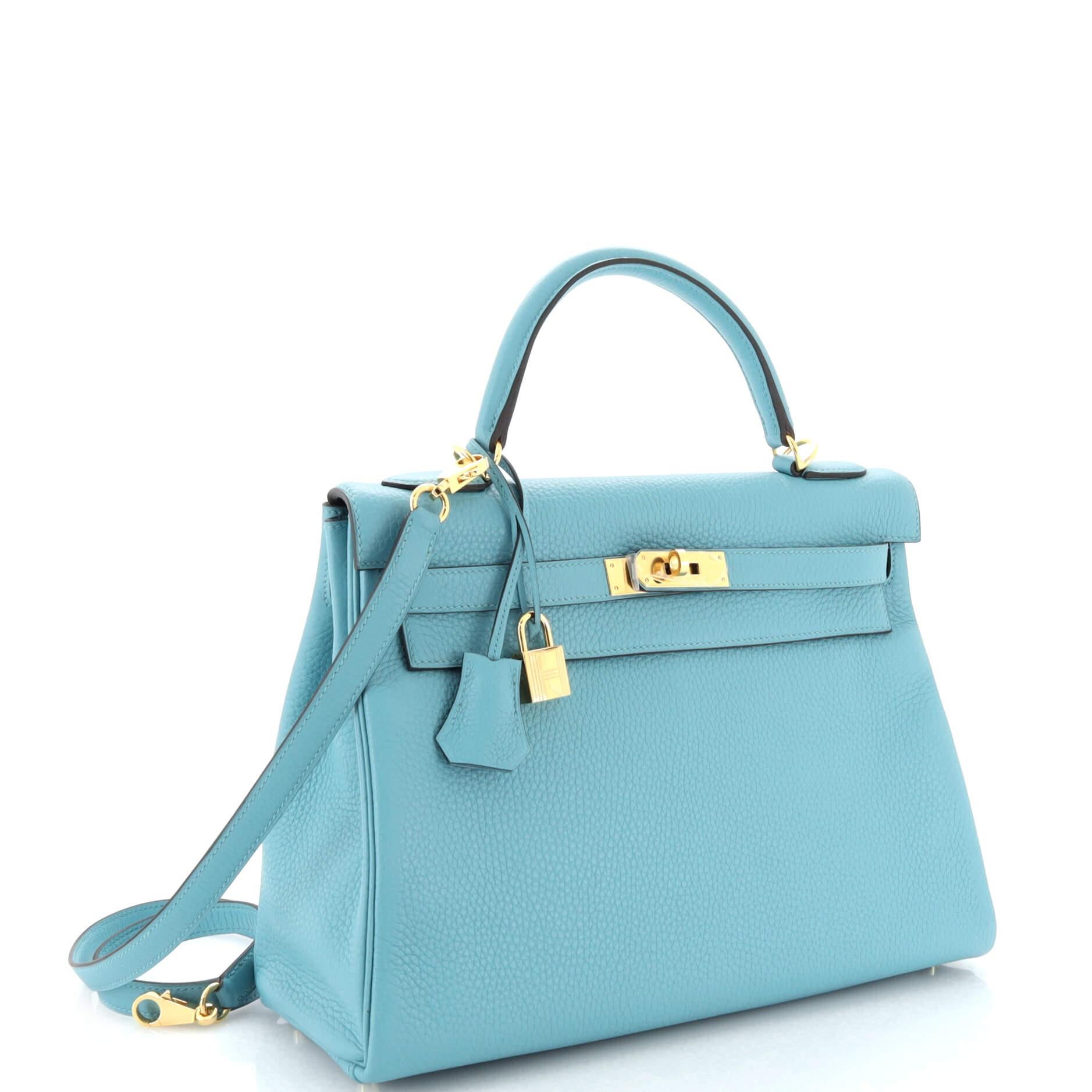 Hermes Kelly Handbag Bleu Atoll Clemence with Gold Hardware 32 In Good Condition In NY, NY