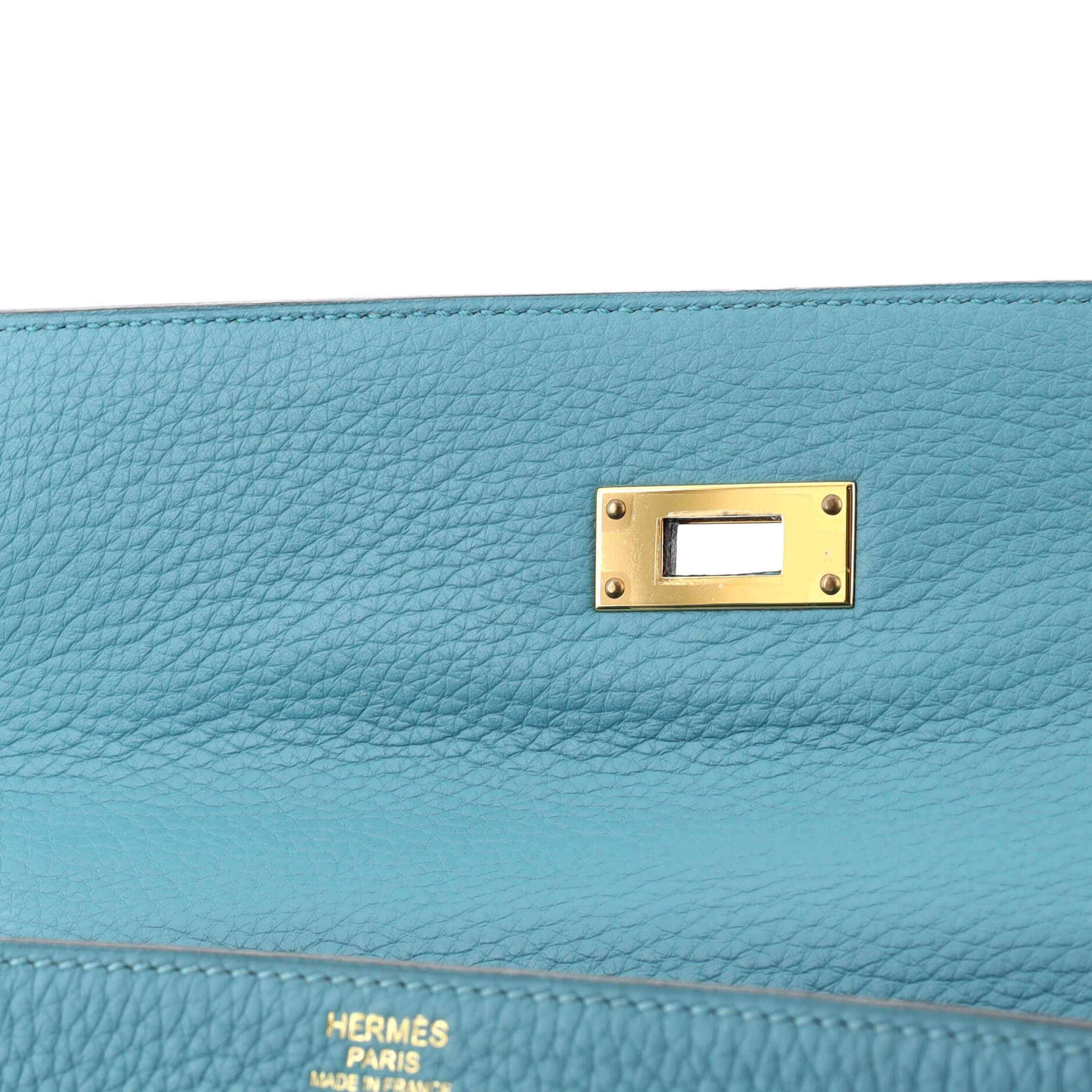 Hermes Kelly Handbag Bleu Atoll Clemence with Gold Hardware 32 5