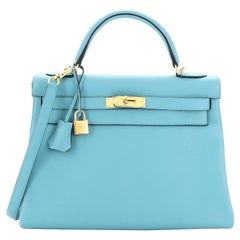 Hermes Kelly Handbag Bleu Atoll Clemence with Gold Hardware 32