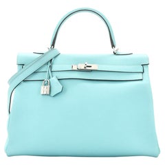 Hermes Kelly Handbag Bleu Atoll Togo with Palladium Hardware 35