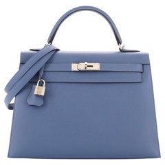 Hermes Kelly Handbag Bleu Brighton Epsom with Palladium Hardware 32