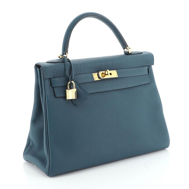 Blue Hermes Kelly Handbag Bleu Colvert Togo with Gold Hardware 32