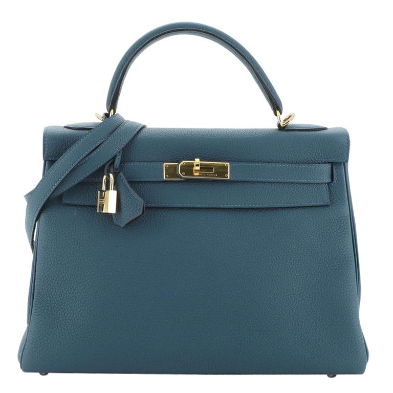 Hermes Kelly Handbag Bleu Colvert Togo with Gold Hardware 32