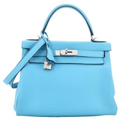 Hermes Kelly Handbag Bleu Du Nord Clemence with Palladium Hardware 28