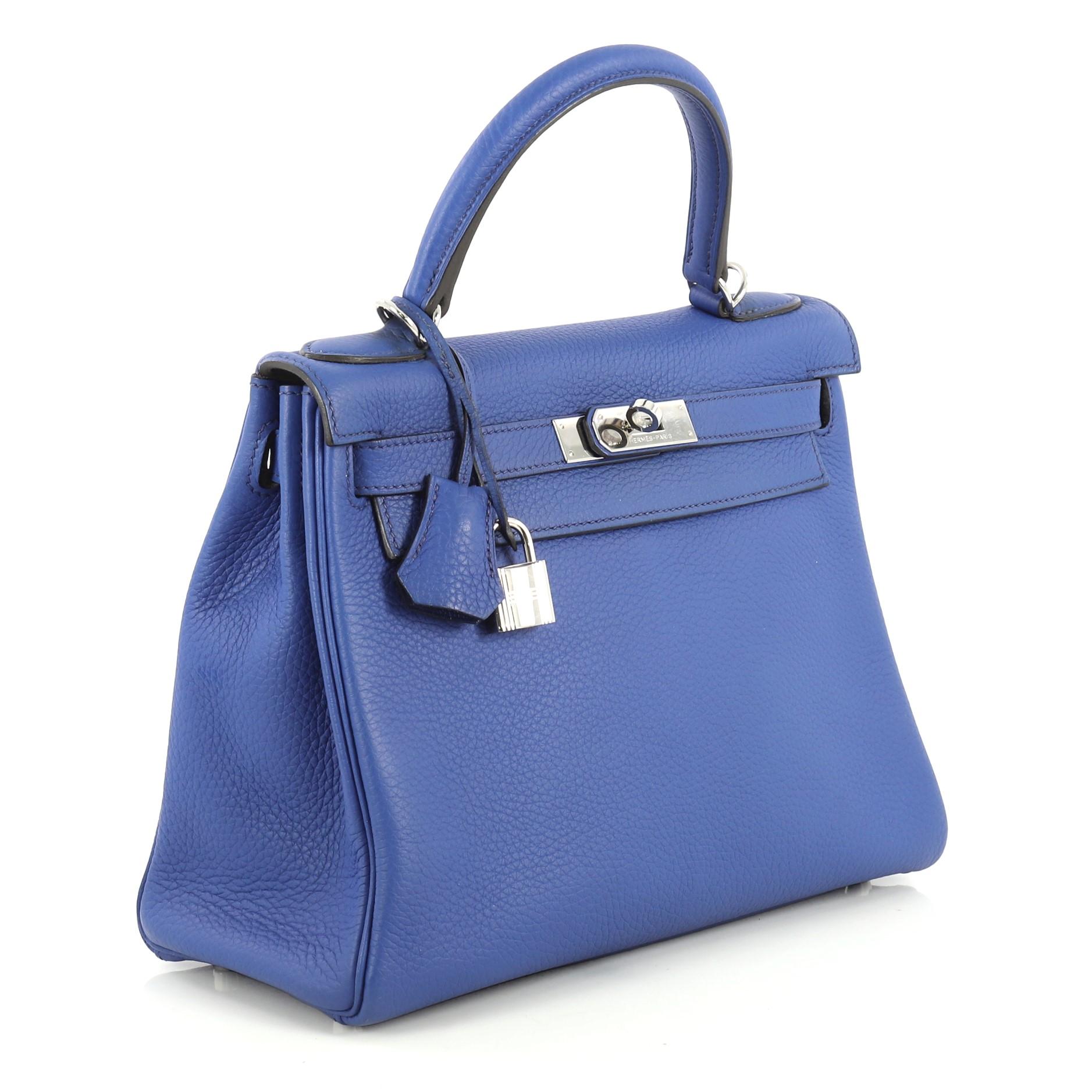 Purple Hermes Kelly Handbag Bleu Electrique Clemence with Palladium Hardware 28