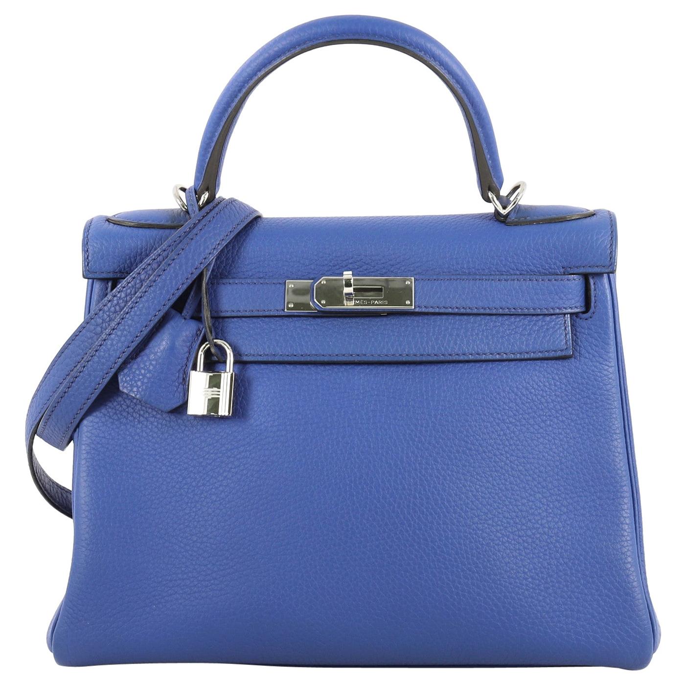 Hermes Kelly Handbag Bleu Electrique Clemence with Palladium Hardware 28