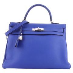 Hermes Kelly Handbag Bleu Electrique Clemence with Palladium Hardware 35