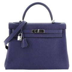 Hermes Kelly Handbag Bleu Encre Togo with Palladium Hardware 32