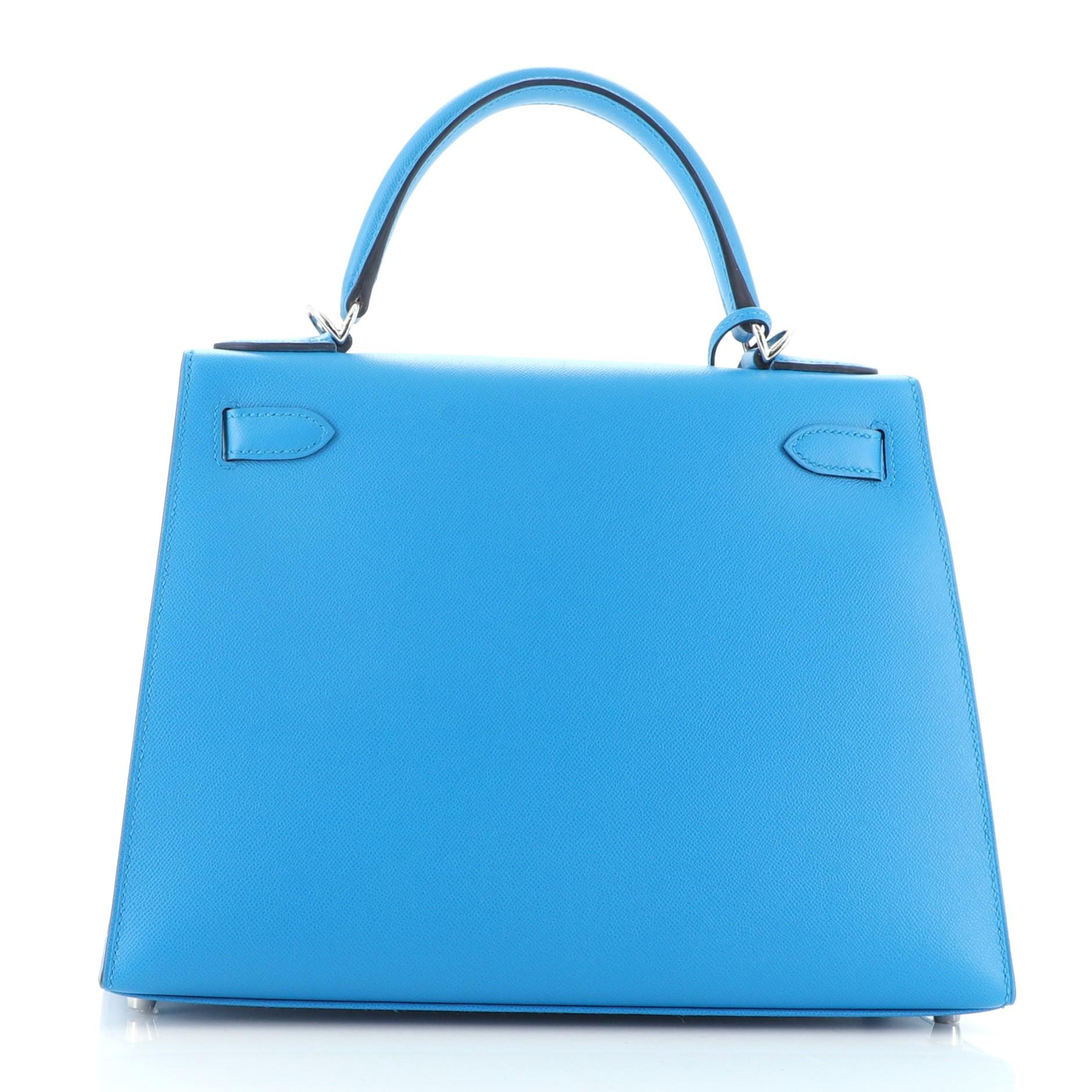 Blue Hermes Kelly Handbag Bleu Frida Madame with Palladium Hardware 28