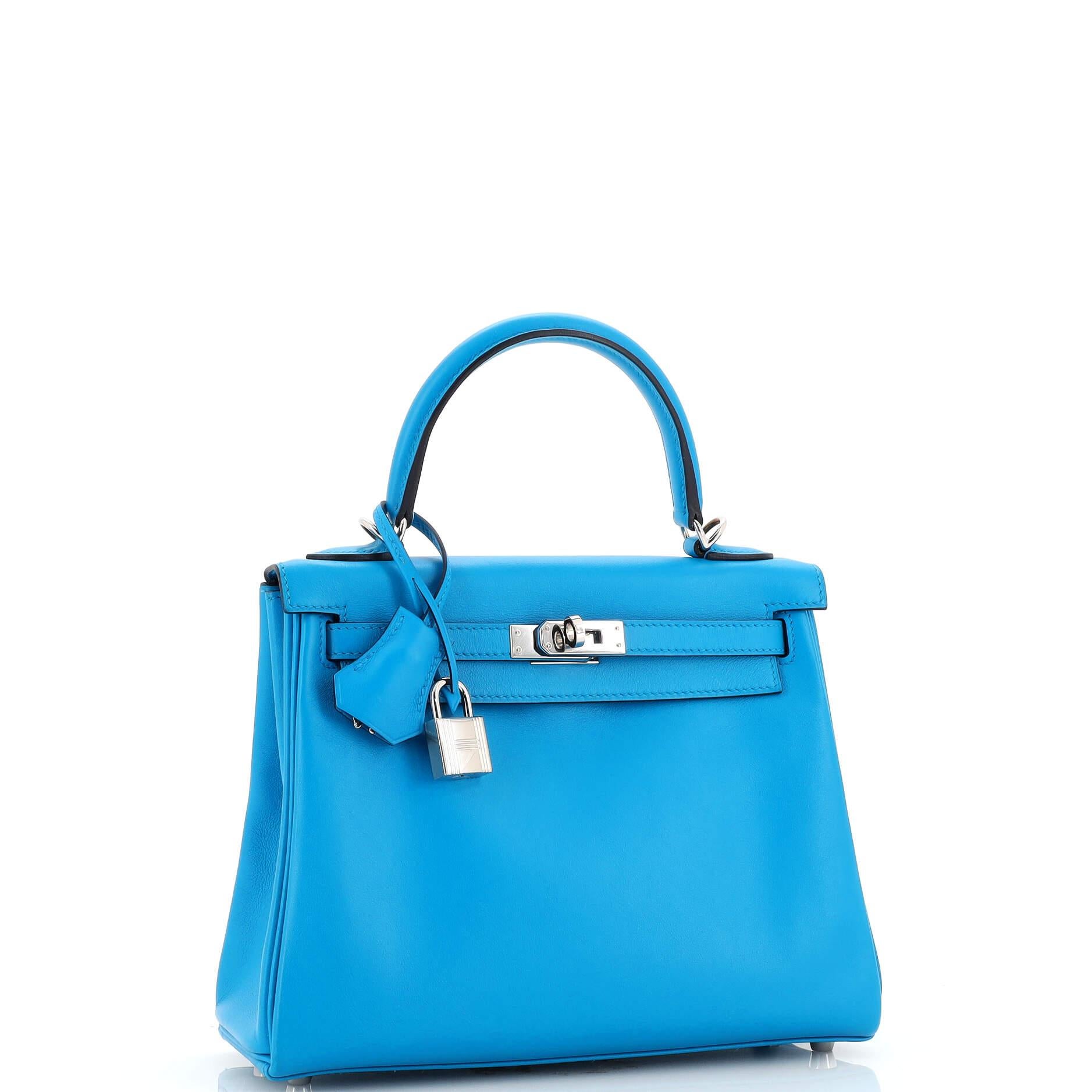 Hermes Kelly Handbag Bleu Frida Swift with Palladium Hardware 25 In Good Condition In NY, NY