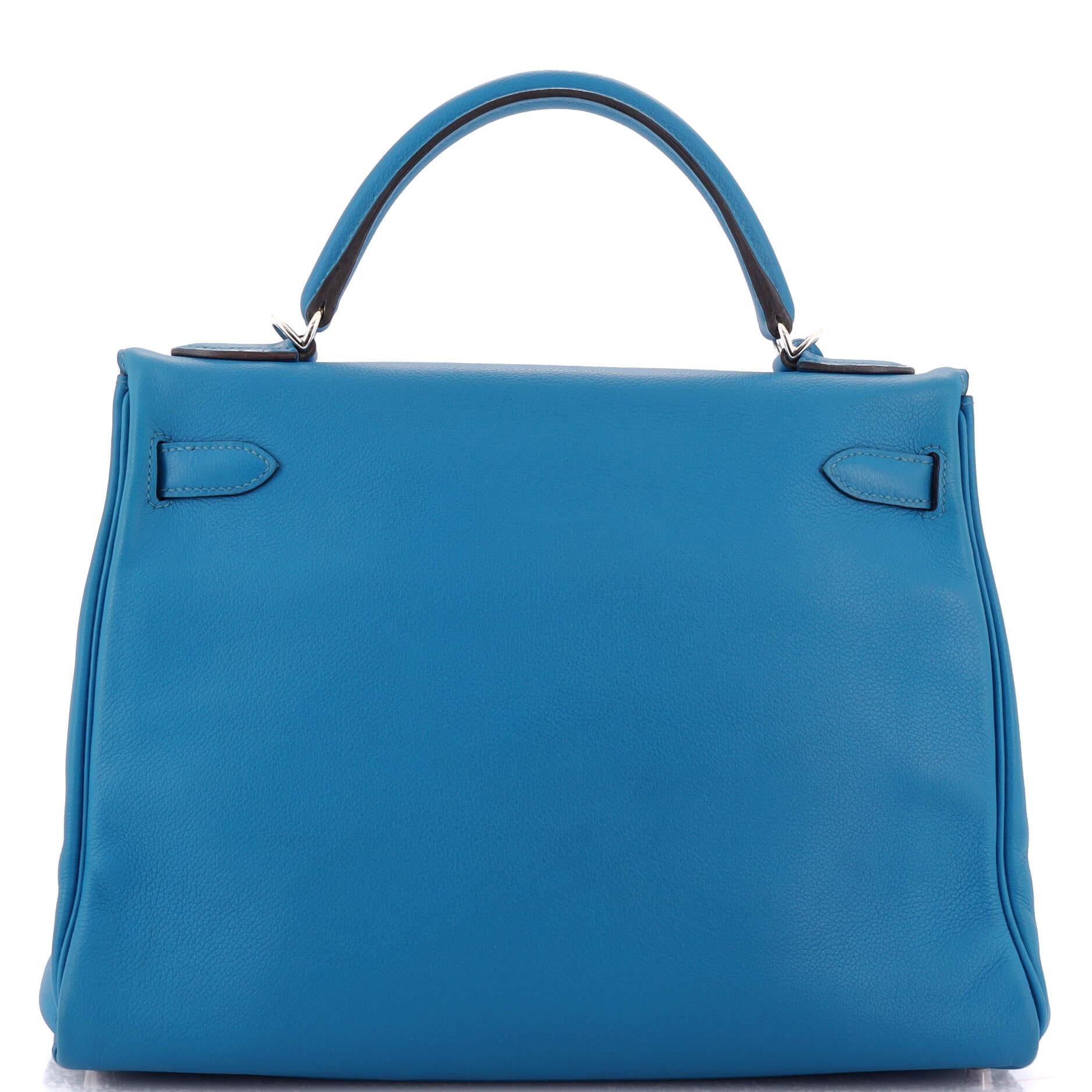 Hermes Kelly Handbag Bleu Hydra Evercolor with Pallladium Hardware 32 In Fair Condition In NY, NY