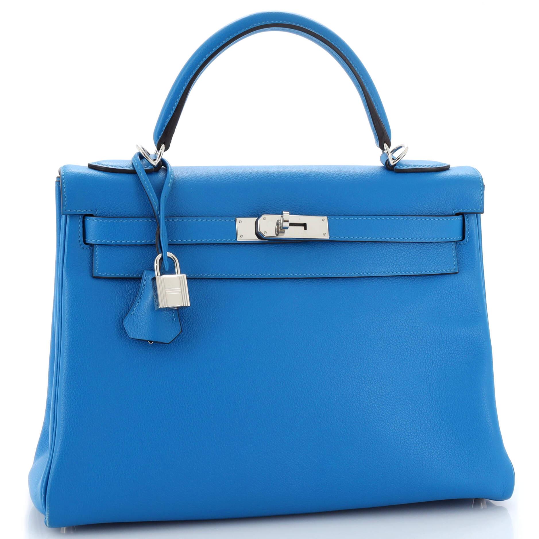 Hermes Kelly Handbag Bleu Hydra Evercolor with Pallladium Hardware 32 In Good Condition In NY, NY