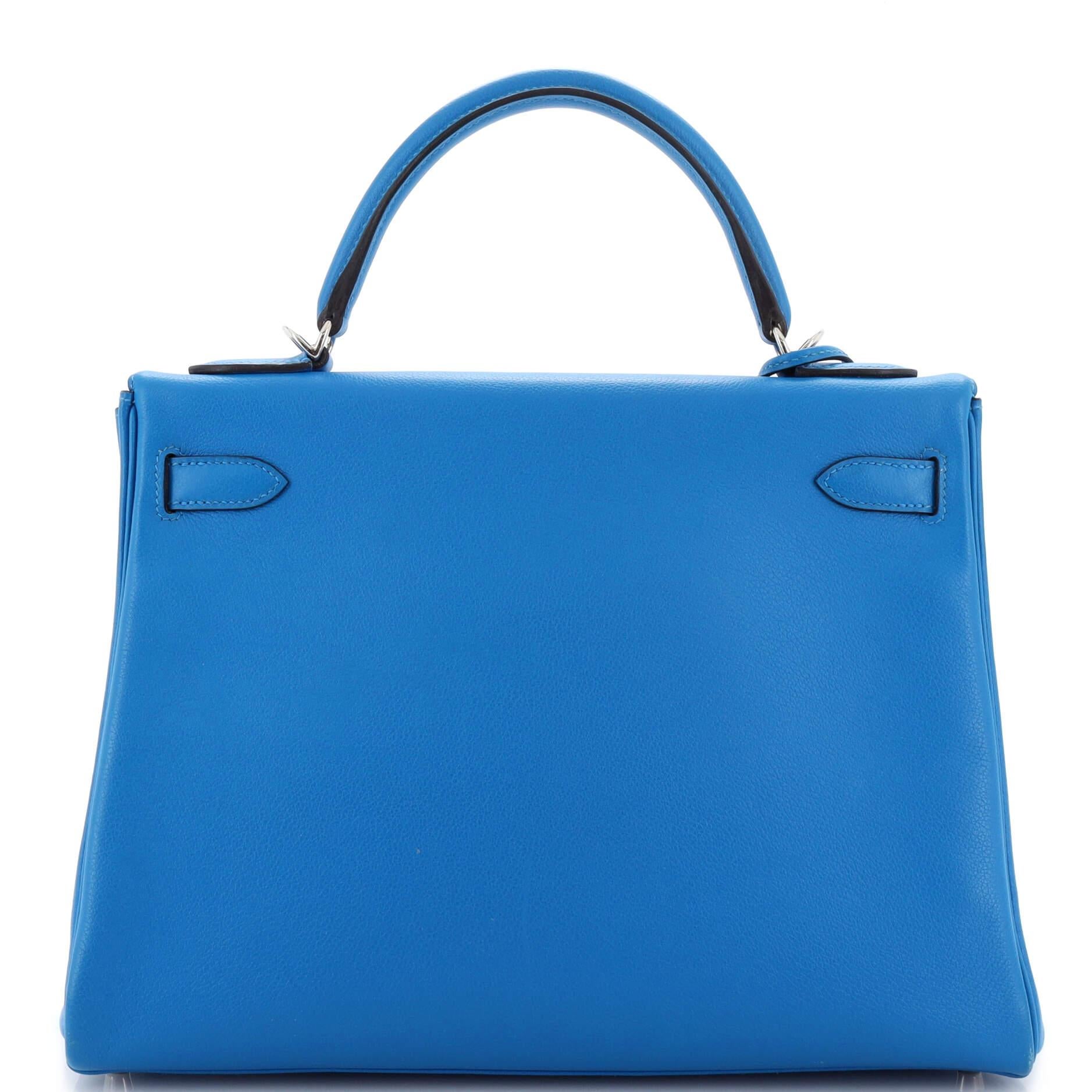 Women's Hermes Kelly Handbag Bleu Hydra Evercolor with Pallladium Hardware 32