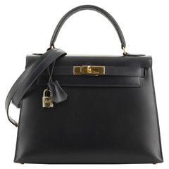 Hermes  Kelly Handbag Bleu Indigo Box Calf with Gold Hardware 28