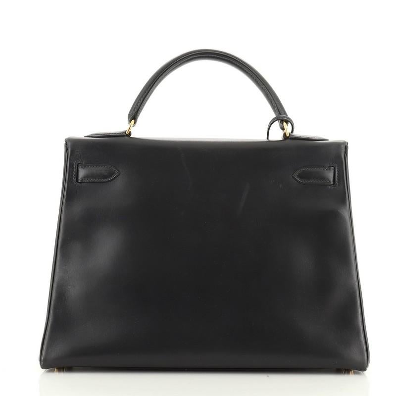 Black Hermes Kelly Handbag Bleu Indigo Box Calf with Gold Hardware 32
