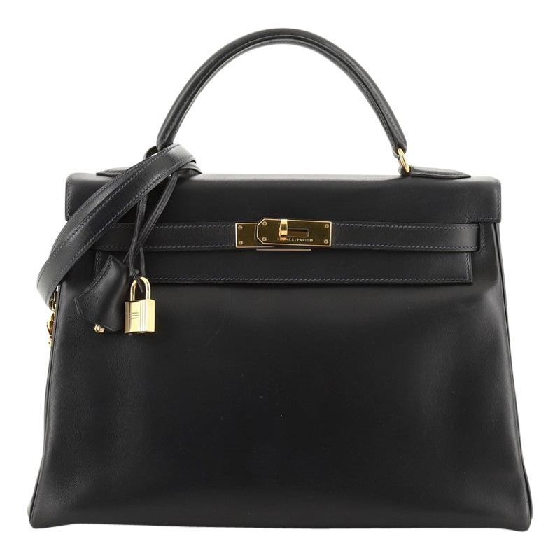 Hermes Kelly Handbag Bleu Indigo Box Calf with Gold Hardware 32