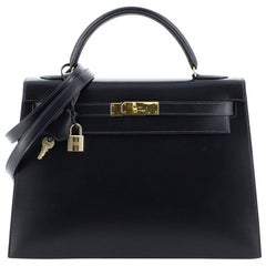 Hermes Kelly Handbag Bleu Indigo Box Calf With Gold Hardware 32