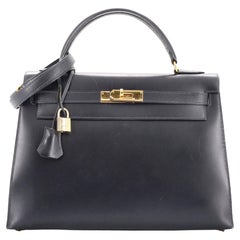 Hermes Kelly Handbag Bleu Indigo Box Calf with Gold Hardware 32